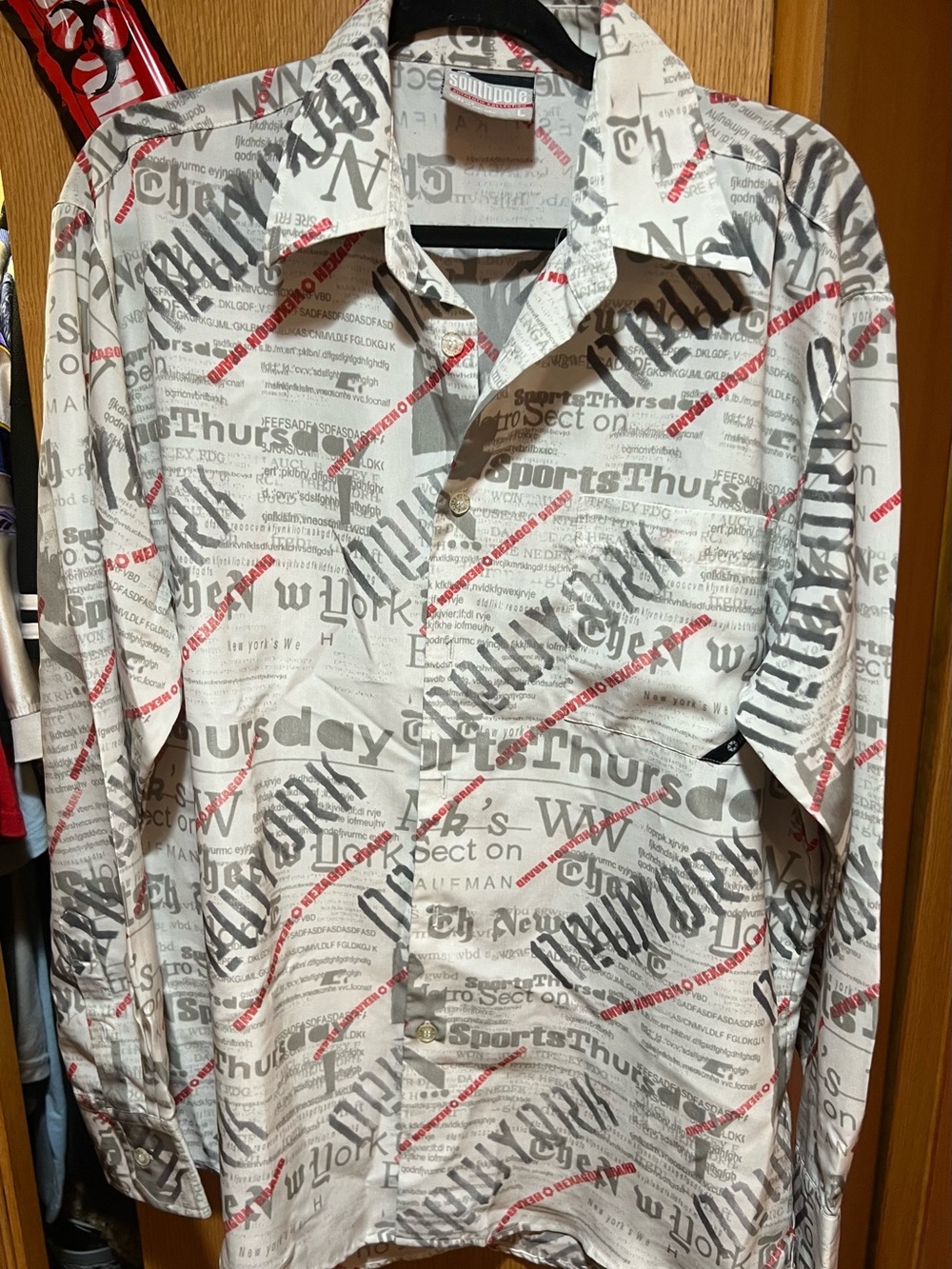 South Pole Casual Newsprint Button-Up Shirt - White/Grey with Red Accent